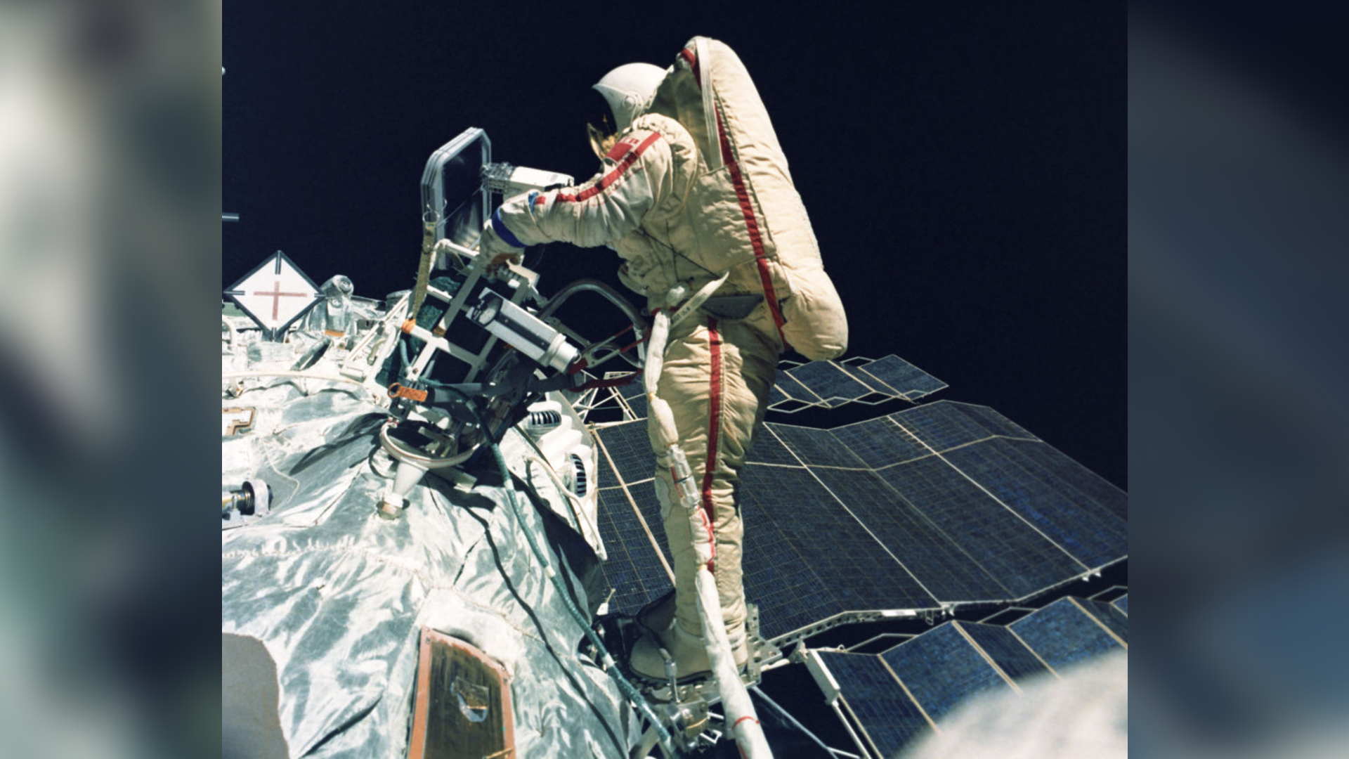 Cosmonaut Svetlana Savitskaya performing a spacewalk during the Soyuz T-12 mission. 