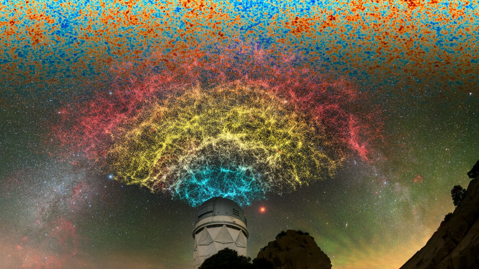 An artistic celebration of the Dark Energy Spectroscopic Instrument (DESI) year-one data, showing a slice of the larger 3D map that DESI is constructing during its five-year survey.